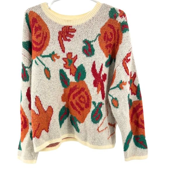 See and Be Seen floral wool mohair blend sweater roses cream red orange m - Picture 1 of 6